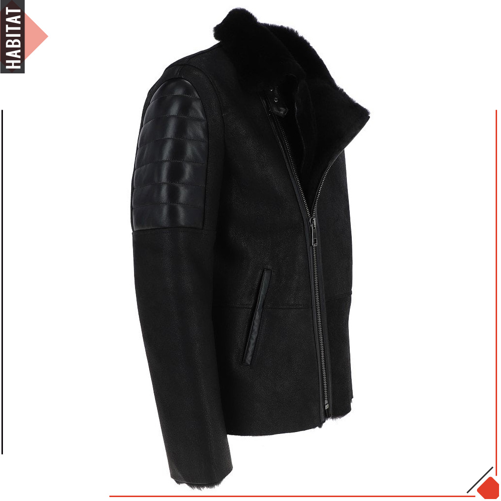 Habitat Intenational, Men Side Zip Sheepskin Black Pilot Jacket, Men